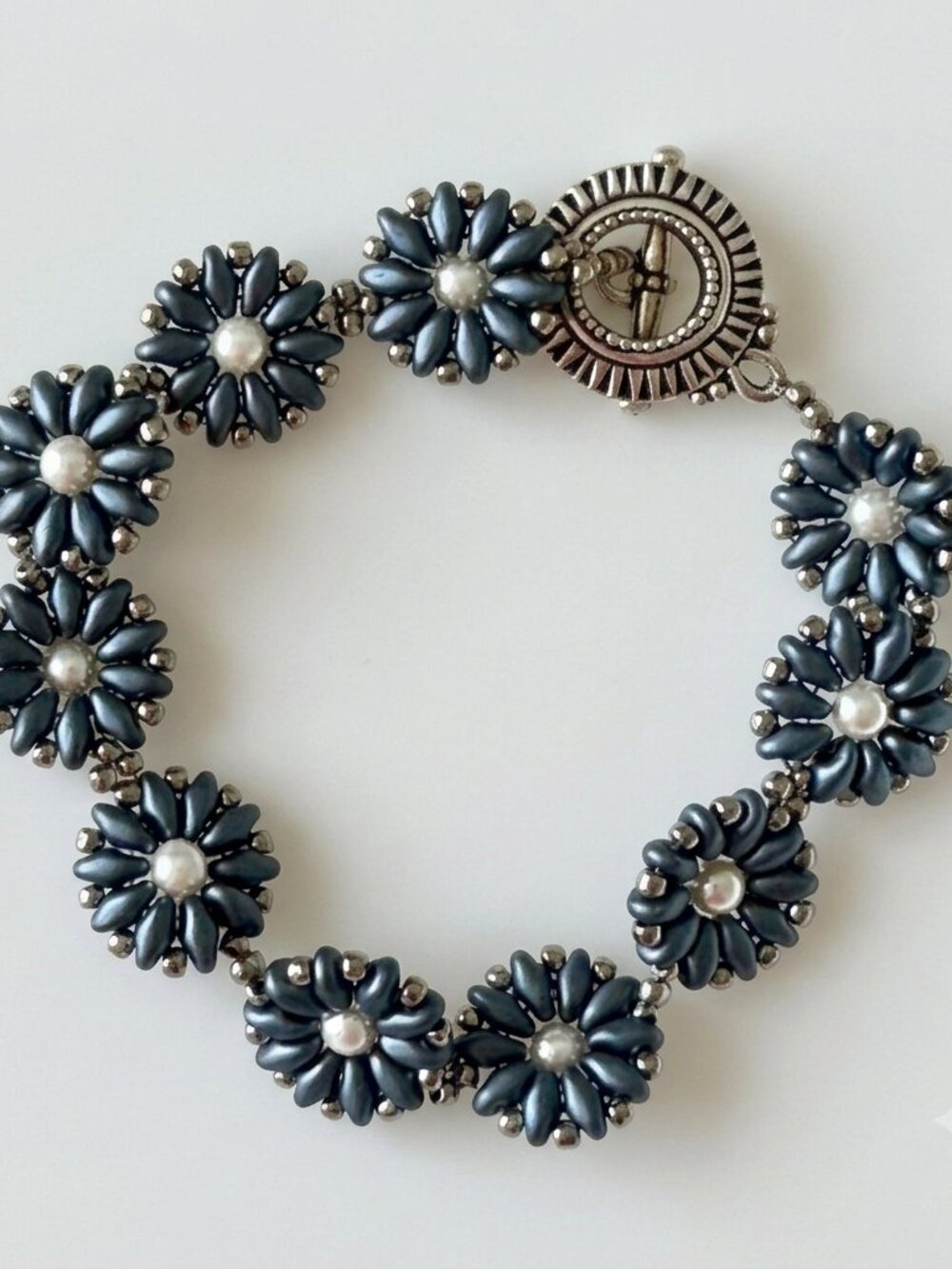 Blue Flower Beaded Bracelet Handmade with Pewter Clasp
